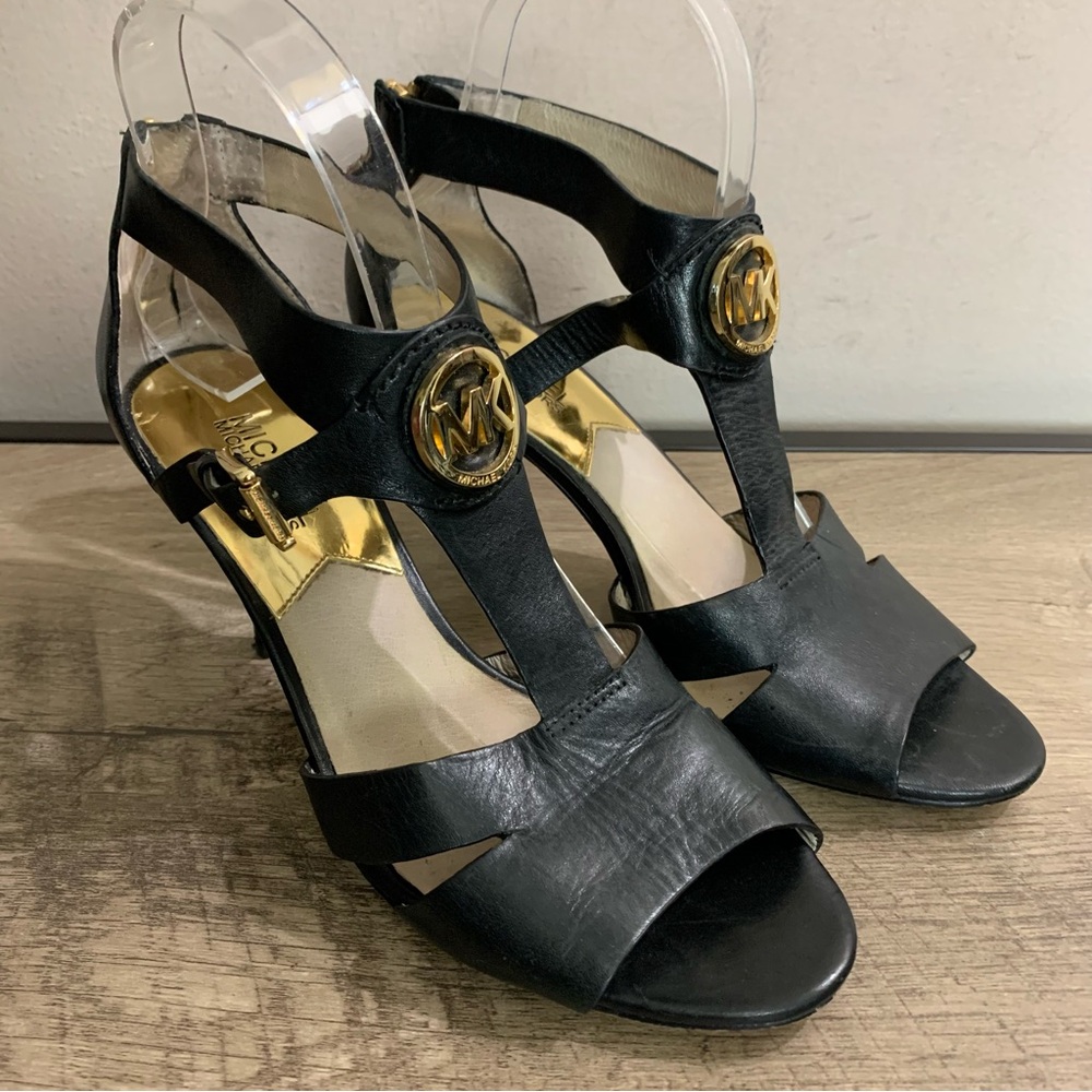 Women's MICHAEL KORS Black Leather LANI High Heel LOGO Dress SANDALS Heels PUMPS